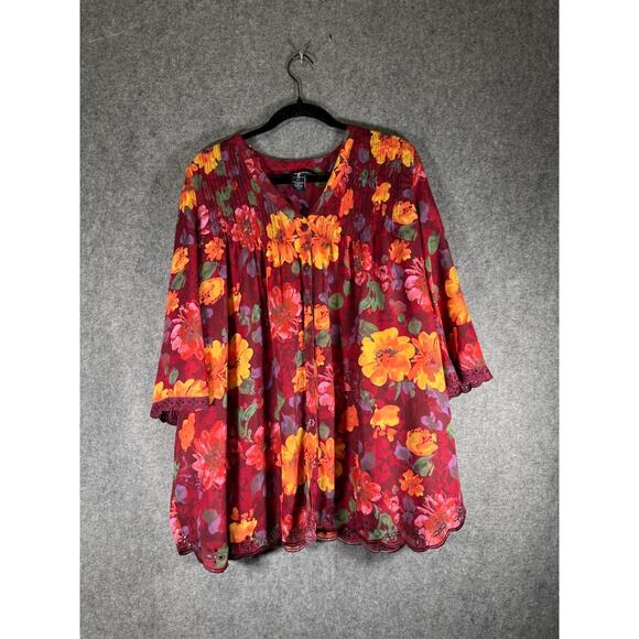 Denim 24/7 Blouse Women 16W Red Button Front Short Sleeve Embroidered Floral - Picture 1 of 8